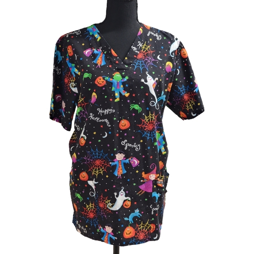 Cherokee HALLOWEEN Workwear Multi Color Womens Nurse Scrub Top SZ Medium